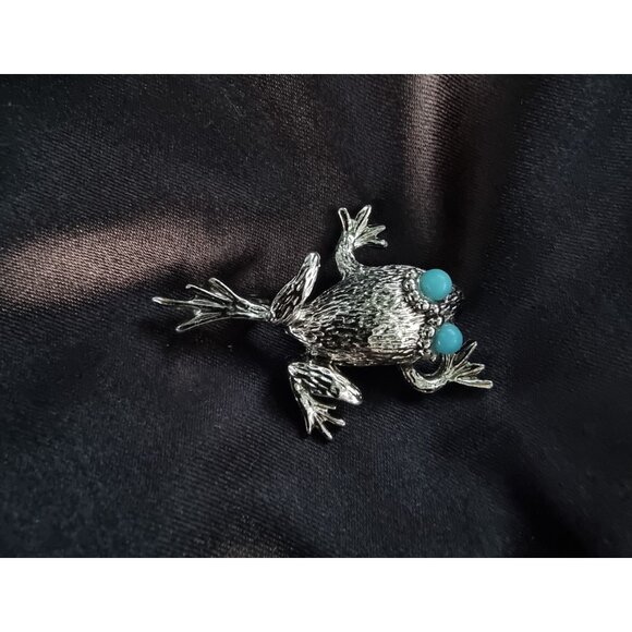 Vintage EMMONS Signed Silver Frog Faux Turquoise Eyes Brooch Pin - Picture 2 of 5